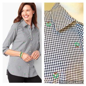 Talbots Classic Cotton Shirt Embroidered Wreath Festive Holiday Gingham M